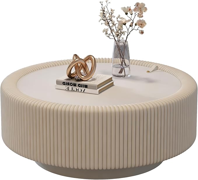 31.5" White Round Coffee Table with Storage, Tempered Glass Top PU Leather Body & Baked Enamel Base, Modern Minimalist Fluted Circle Center Tables for or Living Room, Bedroom, Apartment