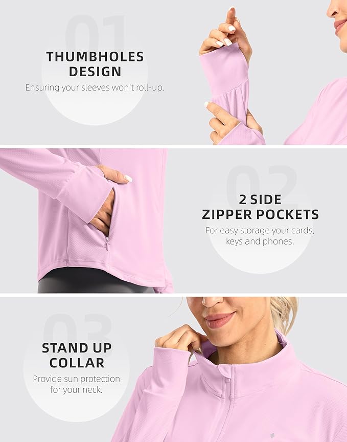 Soothfeel Women's UPF 50+ Lightweight Athletic Jackets Sun Protection Zip Up Long Sleeve Shirts Hiking Workout Outdoor Pocket