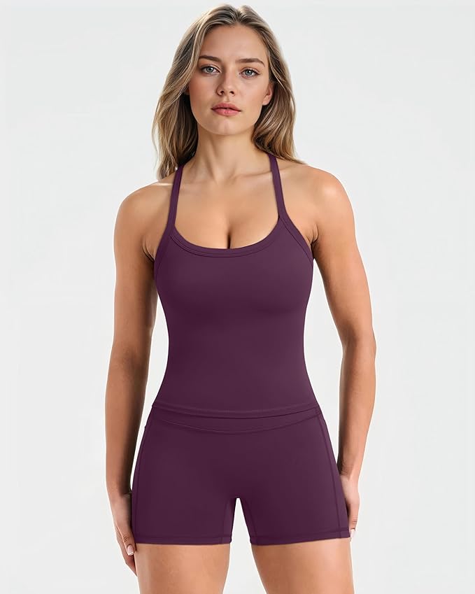 SUUKSESS Women 2 Piece Workout Sets High Waisted Biker Shorts with Pockets Built in bra Racerback Tank Tops