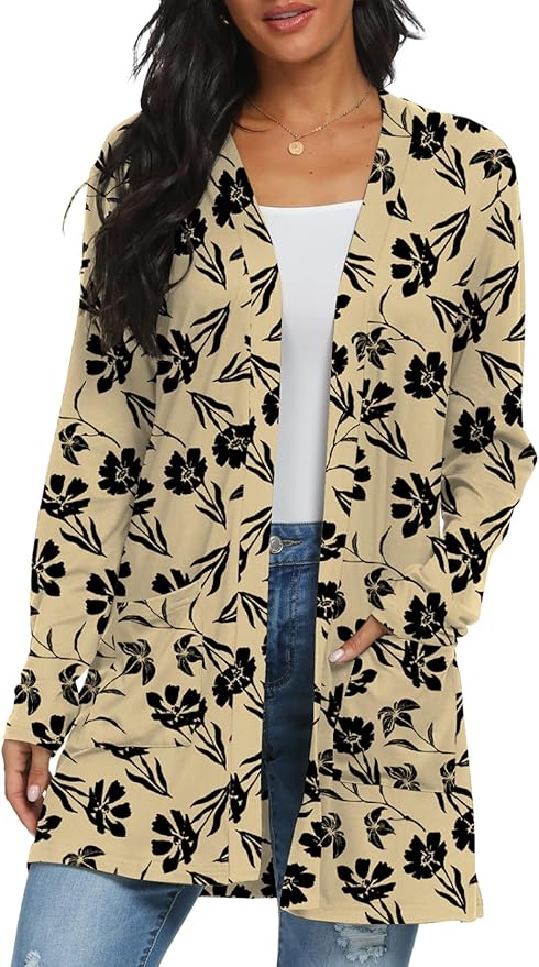 Womens Casual Lightweight with Pocketes Long Sleeve Open Front Cardigan