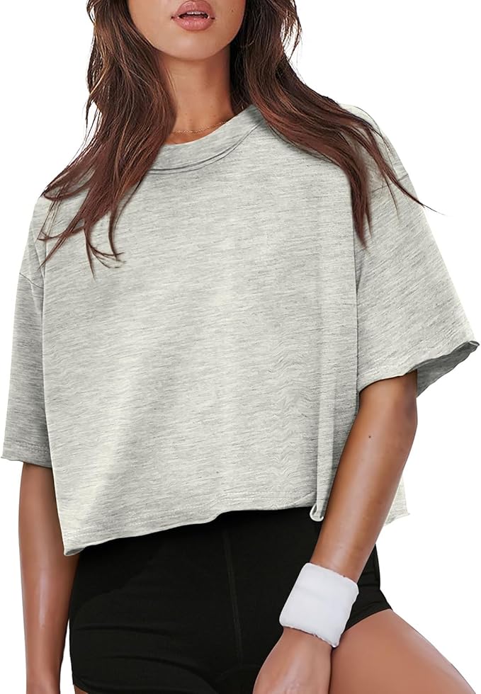 XIEERDUO Cotton Tshirts for Women Drop Shoulder Round Neck Oversized Crop Tops Workout Tops Tees