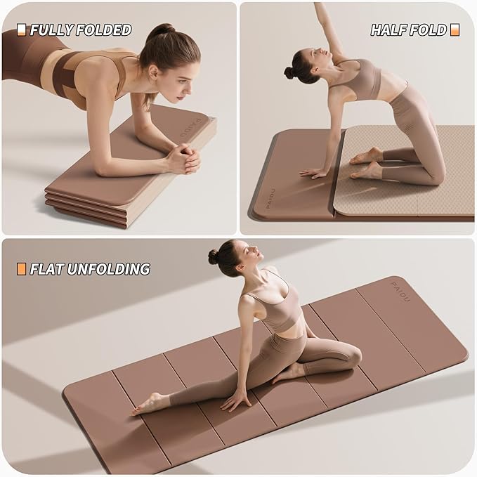 PAIDU Foldable Fitness Yoga Mat | 2/5" (10MM) Extra Thick | SGS Certified Non-Slip TPE | 75x26" Extra Long-Wide | Portable & Easy Store | for Yoga, Pilates, Home Gym & Full-Body Workouts