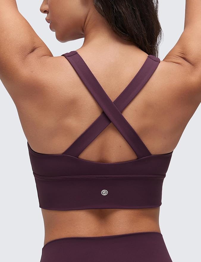 CRZ YOGA Butterluxe Ruched Longline Sports Bras for Women - V Neck Padded Yoga Tank Wide Straps Cross Back Crop Tops
