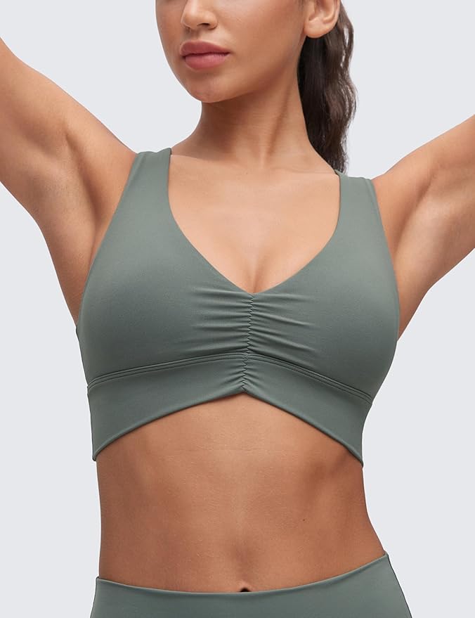 CRZ YOGA Butterluxe Ruched Longline Sports Bras for Women - V Neck Padded Yoga Tank Wide Straps Cross Back Crop Tops