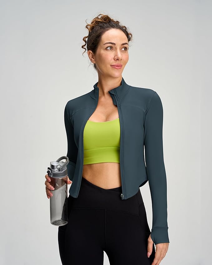 Women BBL Jacket Full Zip UP Workout Athletic Cropped Jacket wIth Thumb Holes Running Yoga Sportswear