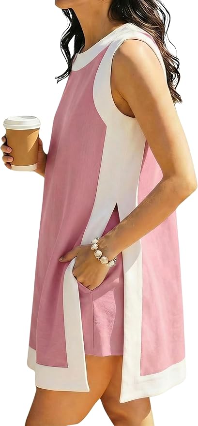 Hooever Women's 2 Piece Sets Casual Color Block Crewneck Short Sleeve Pullover Tops Matching Shorts with Pockets