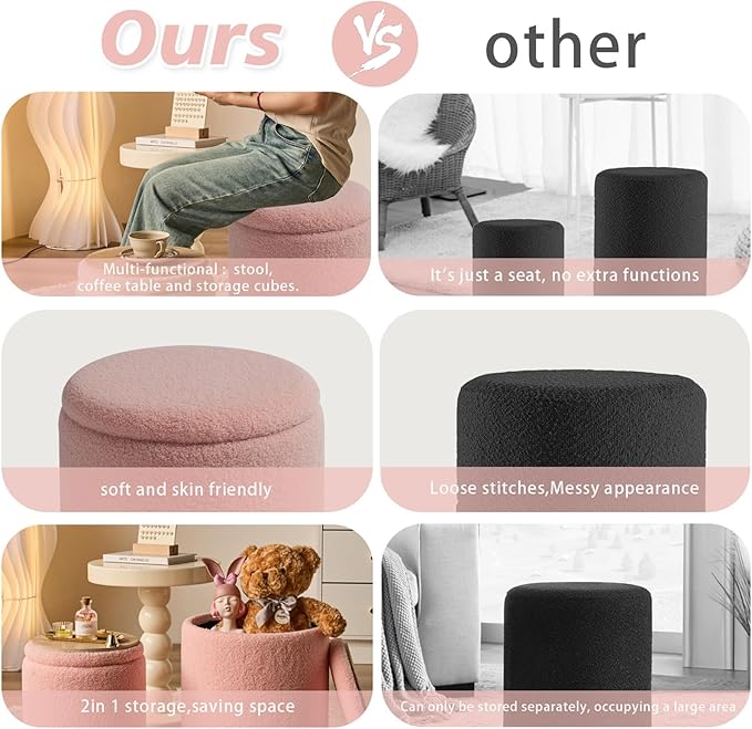 BLEXA Round Ottoman with Storage Set of 2 - Upholstered Sherpa Vanity Stool for Makeup Multifunctional Ottomans Coffee Table Padded Seat Foot Rest for Living Room & Bedroom (Sherpa Pink)