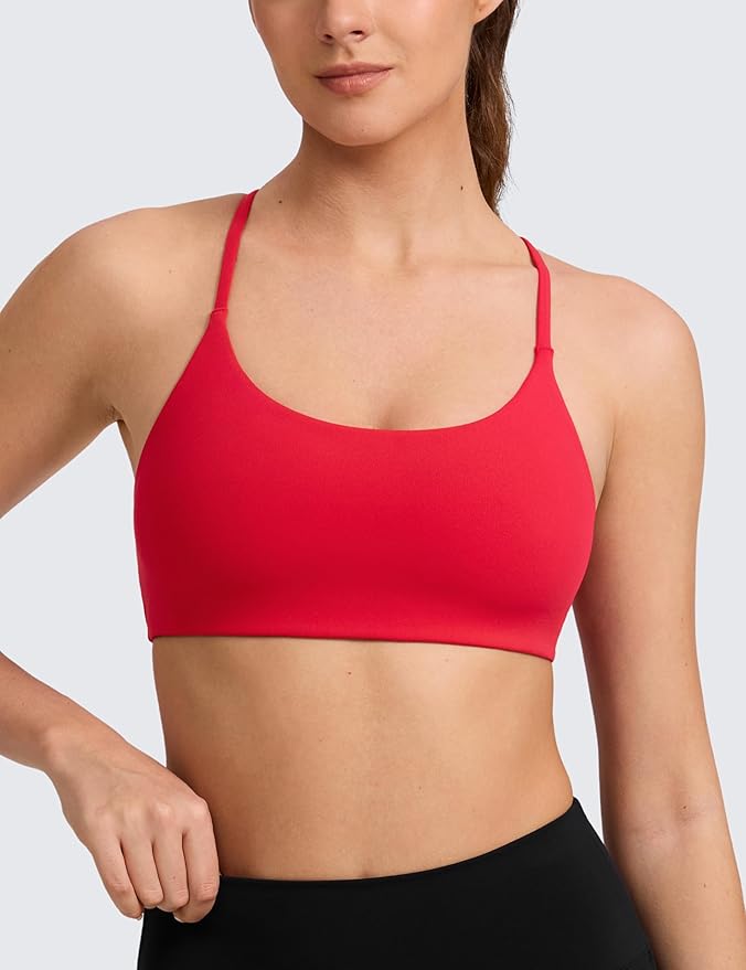 CRZ YOGA Butterlift Double Lined V Back Sports Bras for Women - Scoop Neck Spaghetti Strap Wireless Yoga Top Non Padded