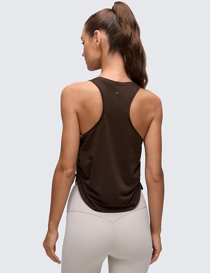 CRZ YOGA Pima Cotton Ruched Side Tank Tops for Women - Workout Athletic Casual Racerback Crewneck Loose Sleeveless Shirts