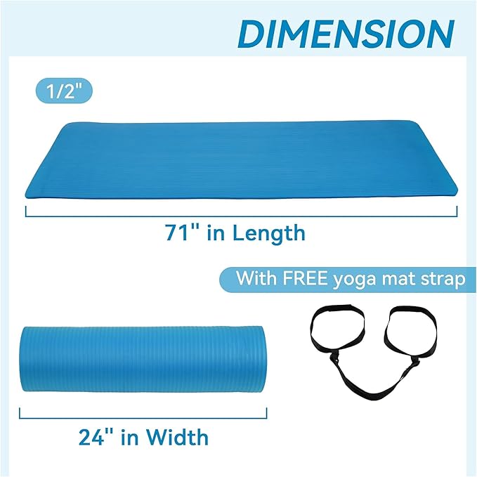 Fitvids Yoga Mat, 1/2-Inch Extra Thick High Density Exercise Mat, Anti-Tear Exercise Yoga Mat with Carrying Strap, Suitable for Various Yoga Exercises