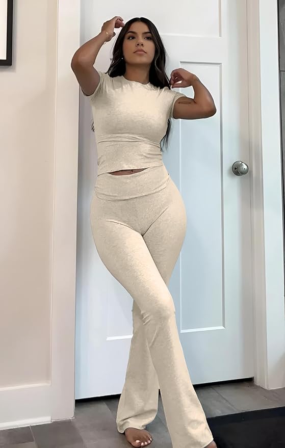 YETOWA Women's 2 Piece Lounge Outfits Slim Short Sleeve Tops Low Rise Flare Leggings Sets Yoga Sweatsuit