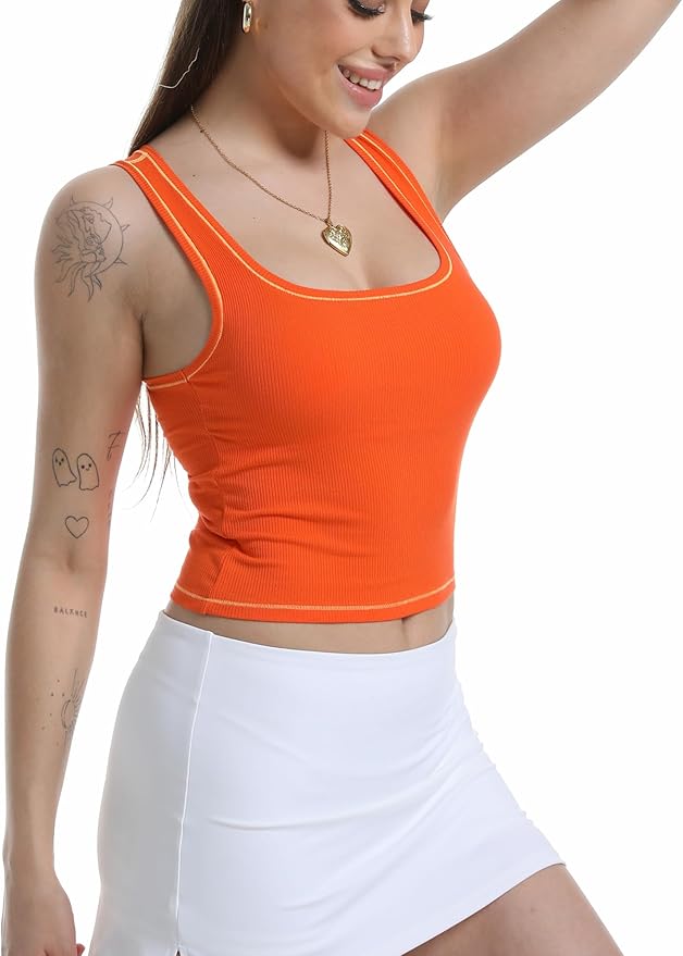 Danysu Women Rib Tank Top Padded Workout Top Square Neck Crop Tank Fitted Basic Cami Tops
