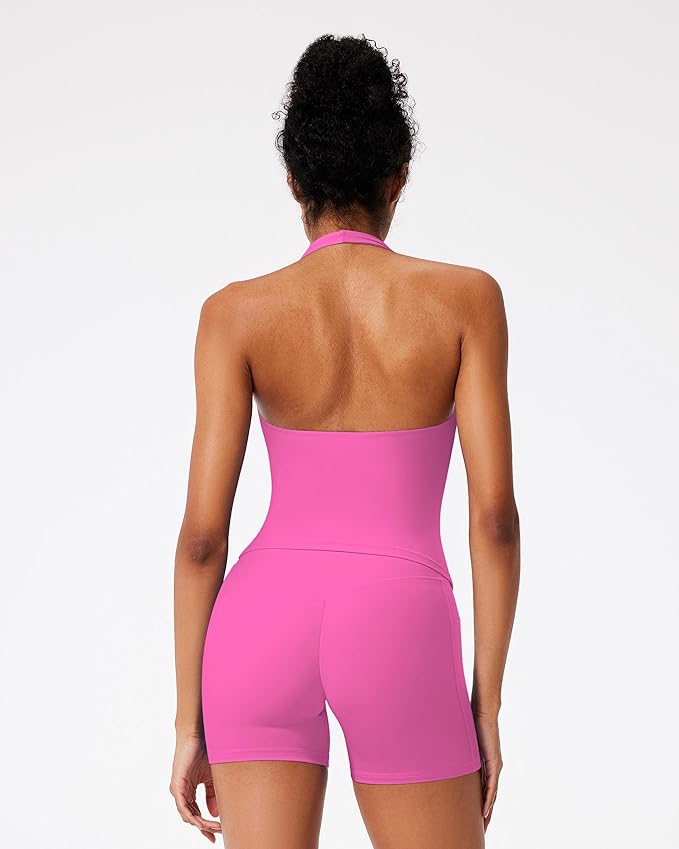 RXRXCOCO Halter Workout Sets for Women 2 Piece V Neck Tank Tops Hidden Scrunch Booty Shorts Gym Outfits with Pockets