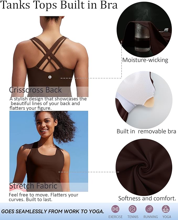 RUNNING GIRL Tank top with Built in Bra for Women,Compression Shirts Crisscross Back Workout Yoga Tops