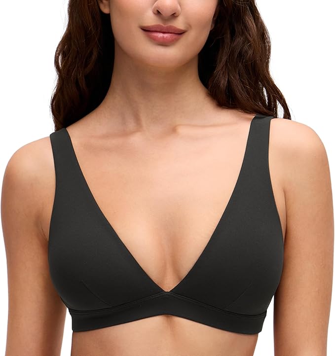 CRZ YOGA Butterluxe Soft Double Lined Deep V Neck Sports Bras for Women - Open Back Yoga Crop Top Casual Non Padded