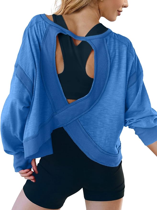 UNIANKIYA Open Back Workout Tops for Women Long Sleeve Cropped Athletic Clothes Gym Running Yoga Low Impact Sports T Shirts
