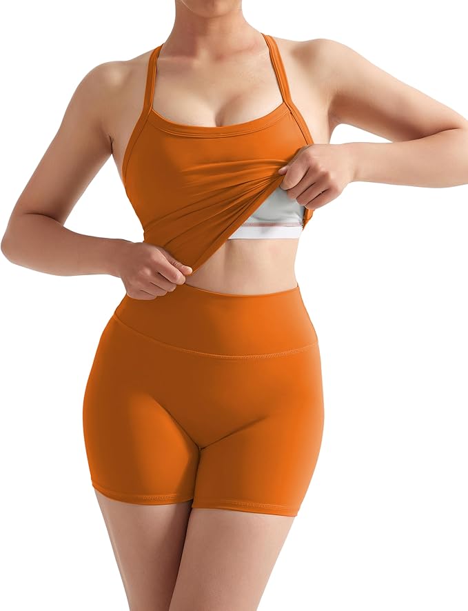 SUUKSESS Women 2 Piece Workout Sets High Waisted Tummy Control Biker Shorts Halter Padded Tank Tops