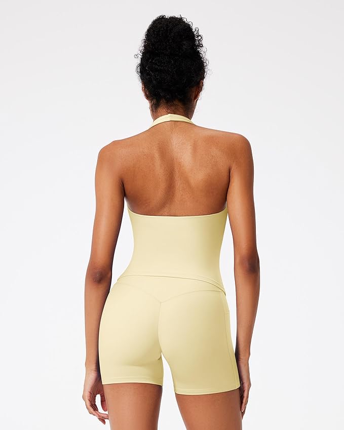 RXRXCOCO Halter Workout Sets for Women 2 Piece V Neck Tank Tops Hidden Scrunch Booty Shorts Gym Outfits with Pockets