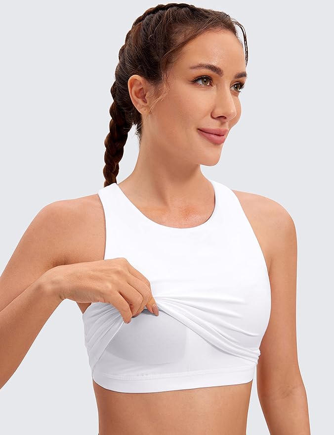 CRZ YOGA Butterluxe High Neck Crop Tank Tops for Women - Racerback Padded Longline Sports Bras Workout