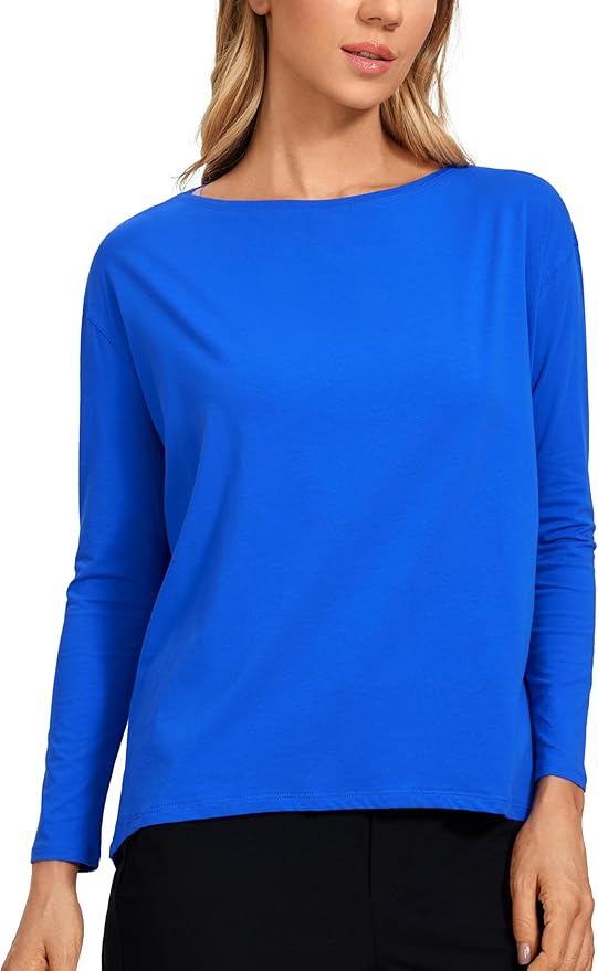 CRZ YOGA Pima Cotton Boat Neck Long Sleeve Shirts for Women - Workout Athletic Yoga Casual Tops Loose Fit Fall T-Shirts