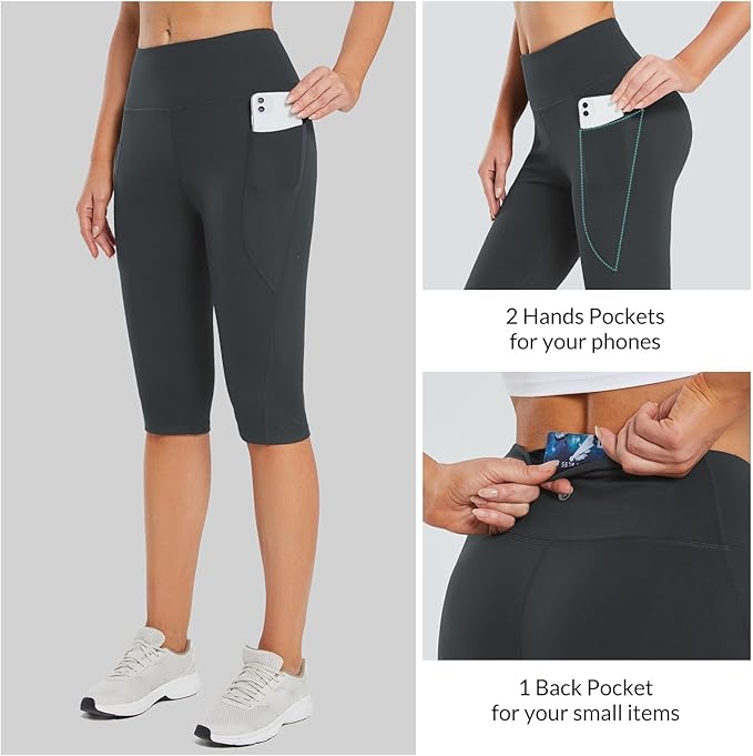 baleaf Women's Capri Leggings with Pockets High Waisted Knee Length Capris Stretch for Casual Yoga Pants Workout Exercise
