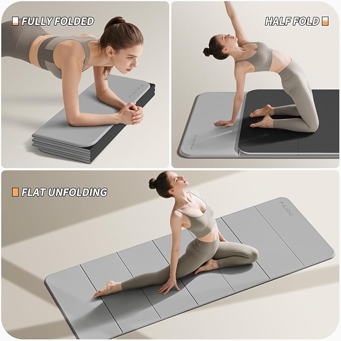 PAIDU Foldable Fitness Yoga Mat | 2/5" (10MM) Extra Thick | SGS Certified Non-Slip TPE | 75x26" Extra Long-Wide | Portable & Easy Store | for Yoga, Pilates, Home Gym & Full-Body Workouts