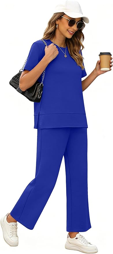 XIEERDUO Women's Side Slit Lounge Sets 2026 Fashion 2 Piece Travel Outfits Cozy Loungewear Wide Leg Tracksuits S-3XL