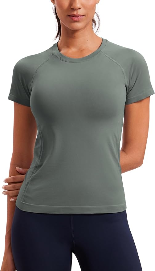 CRZ YOGA Seamless Workout Tops for Women Hip Length - Athletic Running Gym Yoga Short Sleeve Shirts Breathable Crewneck Tees