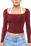YEOREO Long Sleeve Workout Tops for Women Square Neck Slim Fitted Double Lined Compression Shirt Basic Casual Gym Yoga Tops