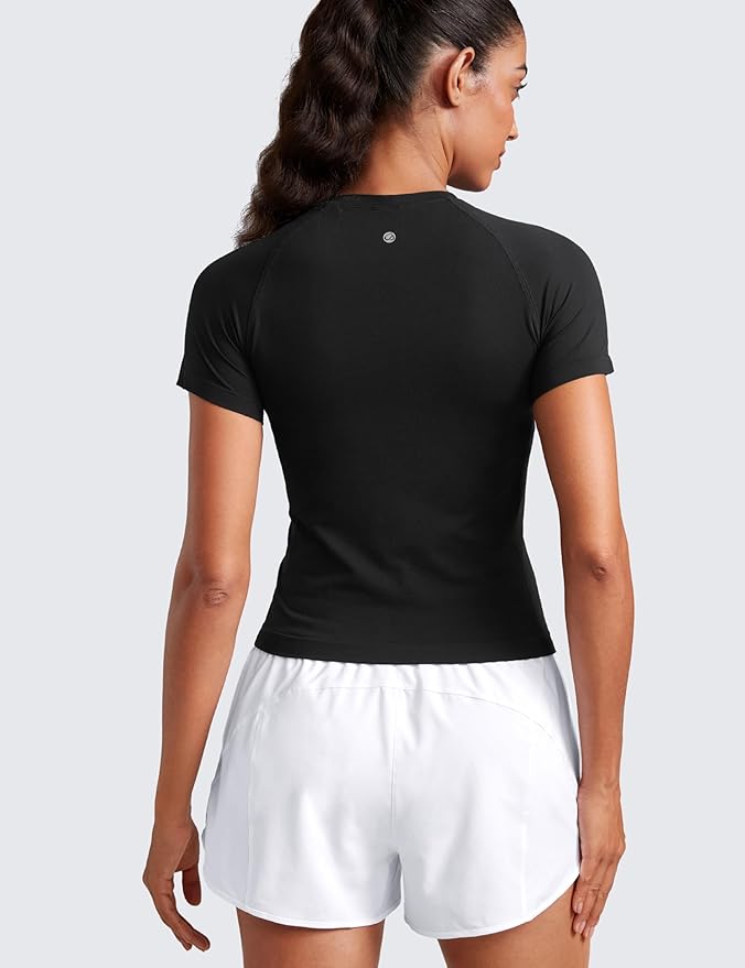CRZ YOGA Seamless Workout Tops for Women Waist Length - Running Gym Athletic Yoga Short Sleeve Shirts Breathable Crewneck