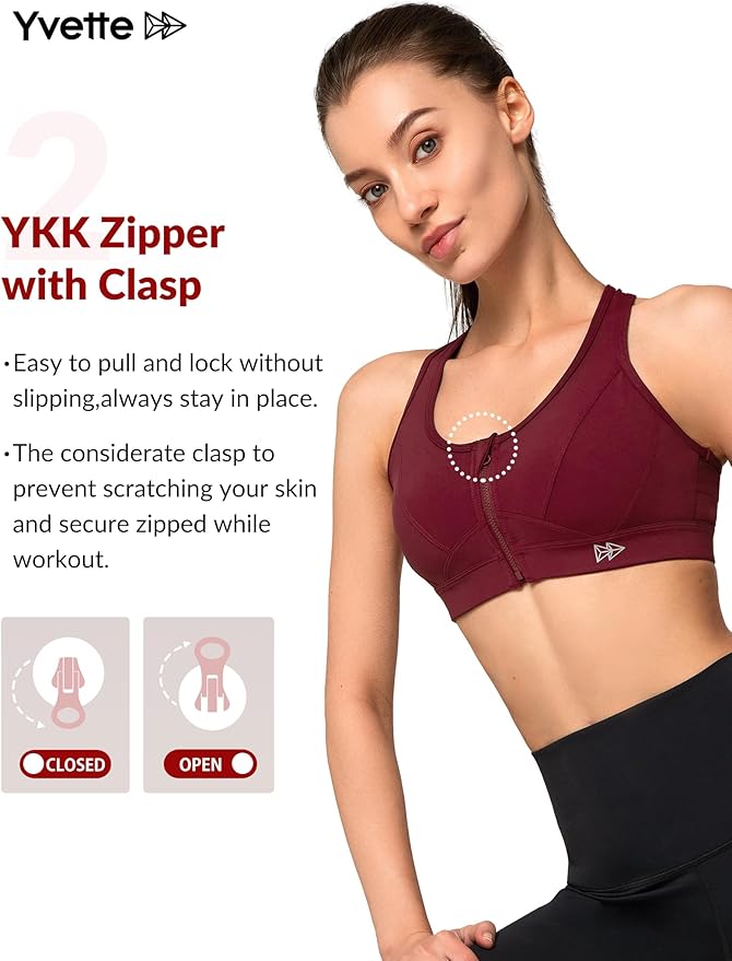Yvette Zip Front Sports Bra - High Impact Sports Bras for Women Plus Size Workout Fitness Running