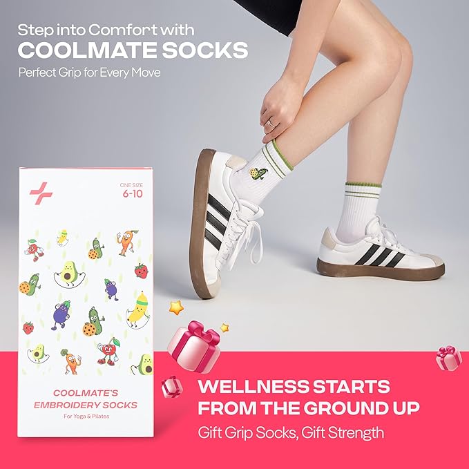 CoolMate Pilates Socks with Grips for Women, Yoga Socks, Crew Non Slip Women for Barre, Pilates Gifts for Women