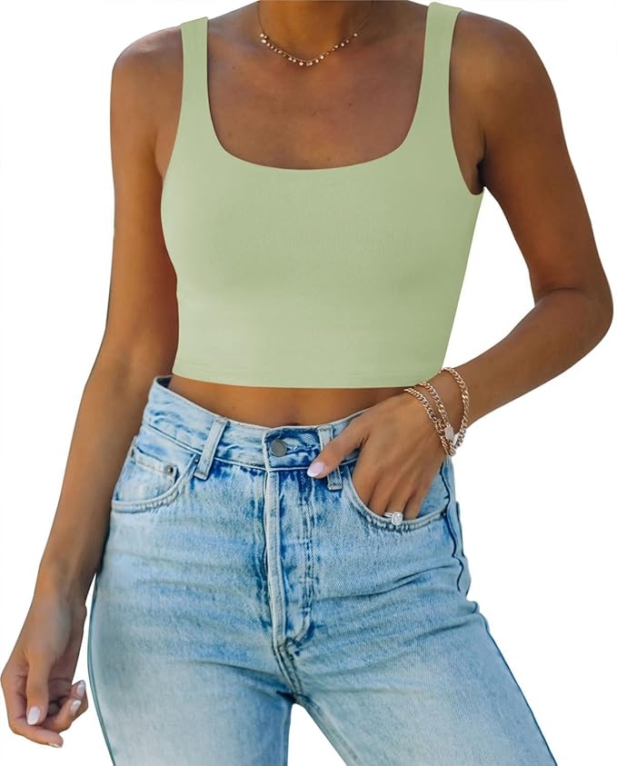REORIA Women’s Sexy Square Neck Double Lined Seamless Sleeveless Cropped Tank Yoga Crop Basic Tops