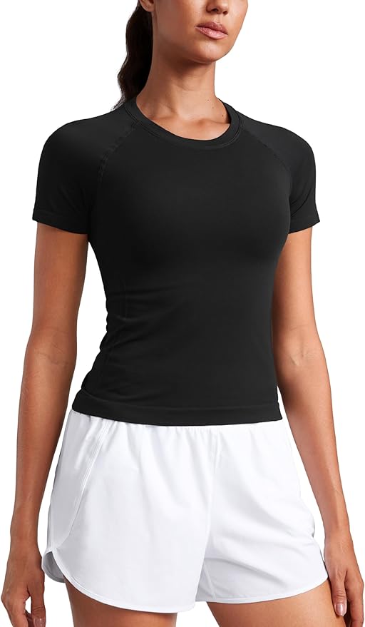 CRZ YOGA Seamless Workout Tops for Women Waist Length - Running Gym Athletic Yoga Short Sleeve Shirts Breathable Crewneck
