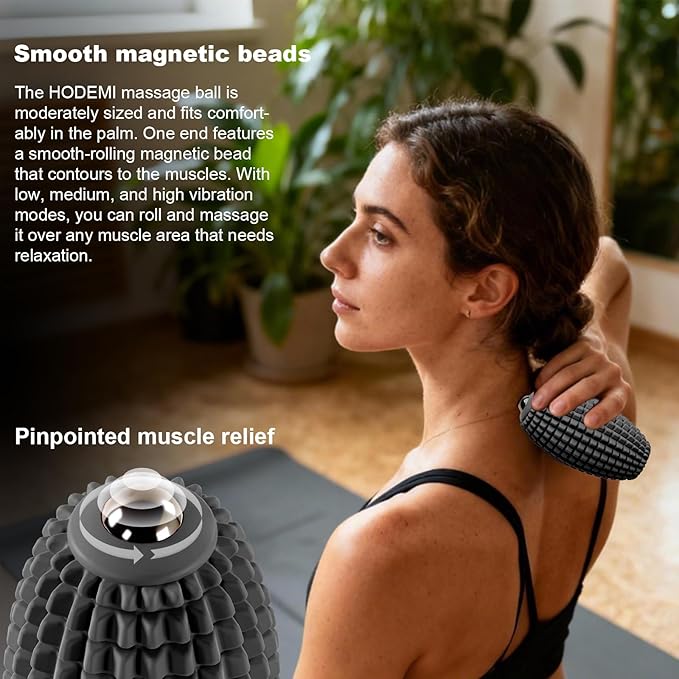 HODEMI Vibrating Massage Ball Roller with Rolling Head for Foot & Muscle Relaxation, Electric Massage Ball with 3 Speeds for Myofascial Release, Sports Recovery, Yoga & Fitness (Black)