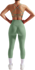 RXRXCOCO Ribbed Workout Sets for Women 2 Piece Backless Strappy Sports Bra Seamless Leggings Matching Set Yoga Outfits