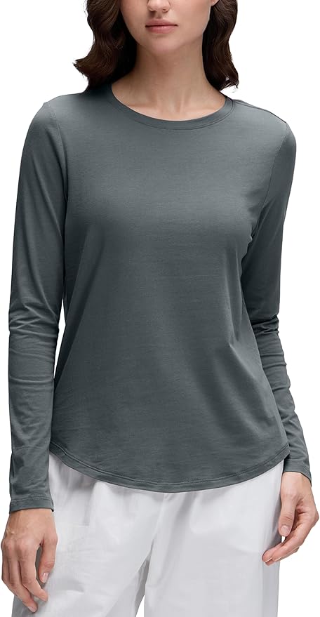 CRZ YOGA Pima Cotton Crewneck Long Sleeve Shirts for Women - Workout Athletic Yoga Casual Tops Soft Plain T-Shirt