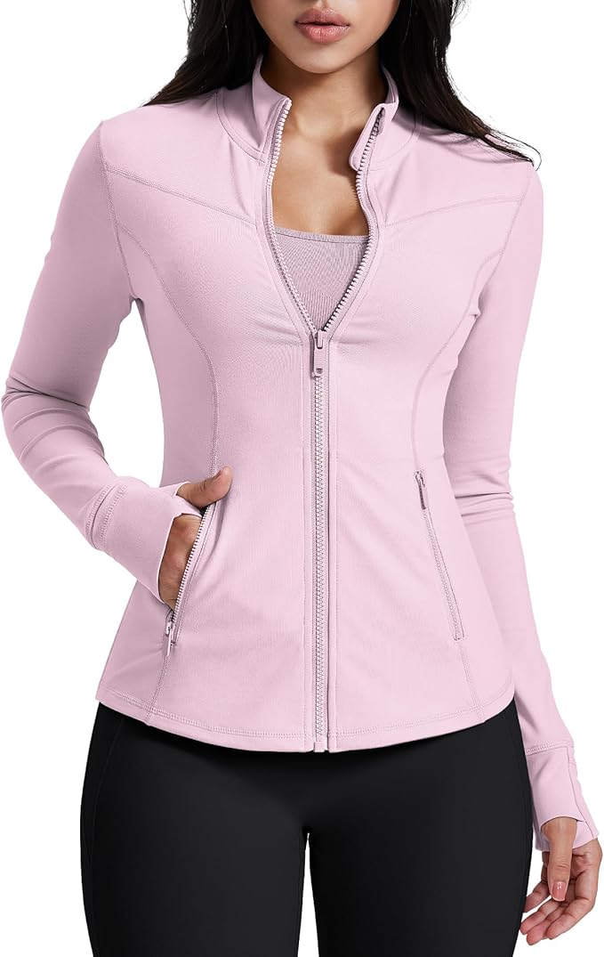AVGO Womens Running Jackets Lightweight Slim Fit Workout Jacket Zip Up Athletic Track Gym Tops with Pockets & Thumb holes