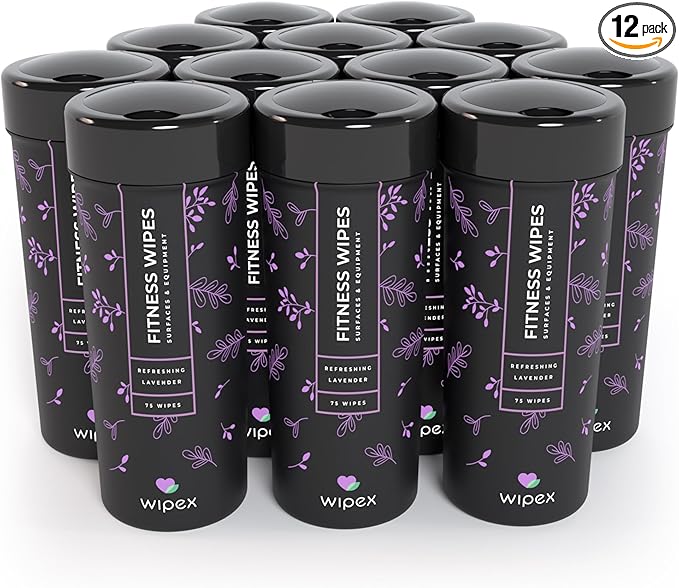 Wipex Yoga Mat Cleaner & Fitness Gym Wipes - Natural Lavender & Vinegar - 75 Count for Cleaning Yoga Mats, Spinning & Peloton Bikes, Weight Machines & Surfaces - 12 Pack Case