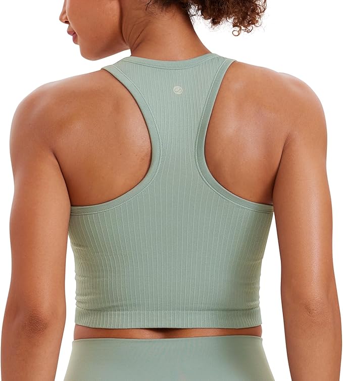 CRZ YOGA Seamless Ribbed High Neck Crop Tank Tops for Women - Longline Racerback Padded Sports Bras