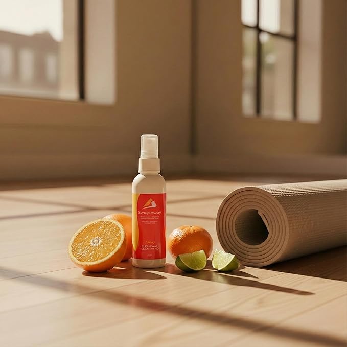 SwaytAway Travel Yoga Mat Cleaner Spray & Towel Kit, 4oz – Non Slip, No Rinse Plant-Based Citrus Essential Oil Mist for Gym, Pilates & Hot Yoga – Made in USA (1 Pack, Citrus)