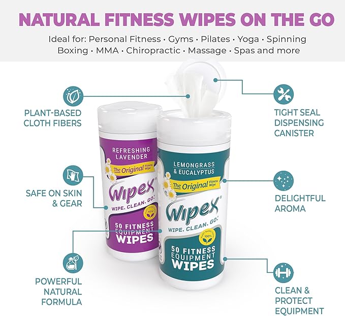 Wipex Original Fitness Equipment Wipes - EWG Verified Natural Plant Based Gym Wipes, Clean Surfaces at Home or Gym, Use as a Yoga Mat Cleaner, Lemongrass & Vinegar, 50 Count (Pack of 3)