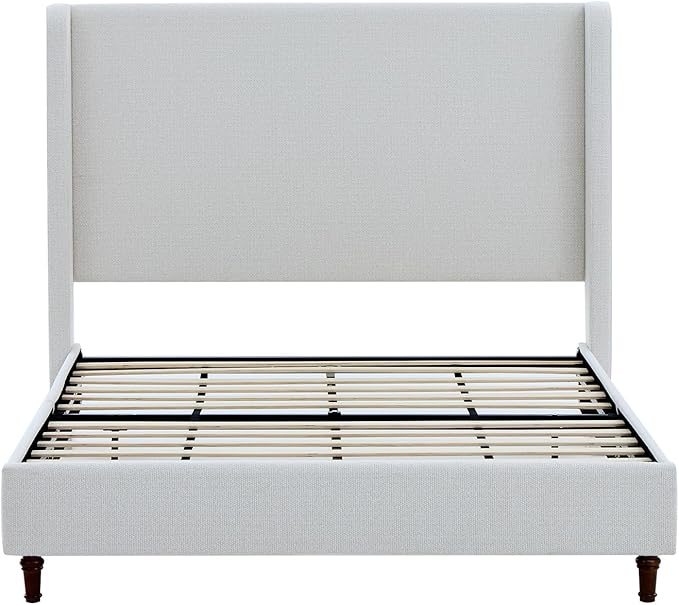 Upholstered Bed Frame Queen Size, 54" Tall Headboard Curved Wingback Platform Bed Frame/Elegant Boucle Bed Frame for Bedroom/ Wood Slats Support/No Box Spring Needed/Easy Assembly/Cream White Boucle