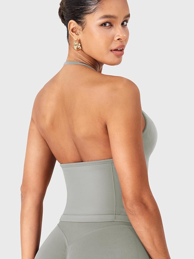 YEOREO SoftHue Impact Longline Strappy Top Women's Halter Workout Tank Tops Backless Gym Longline with Adjustable Strap