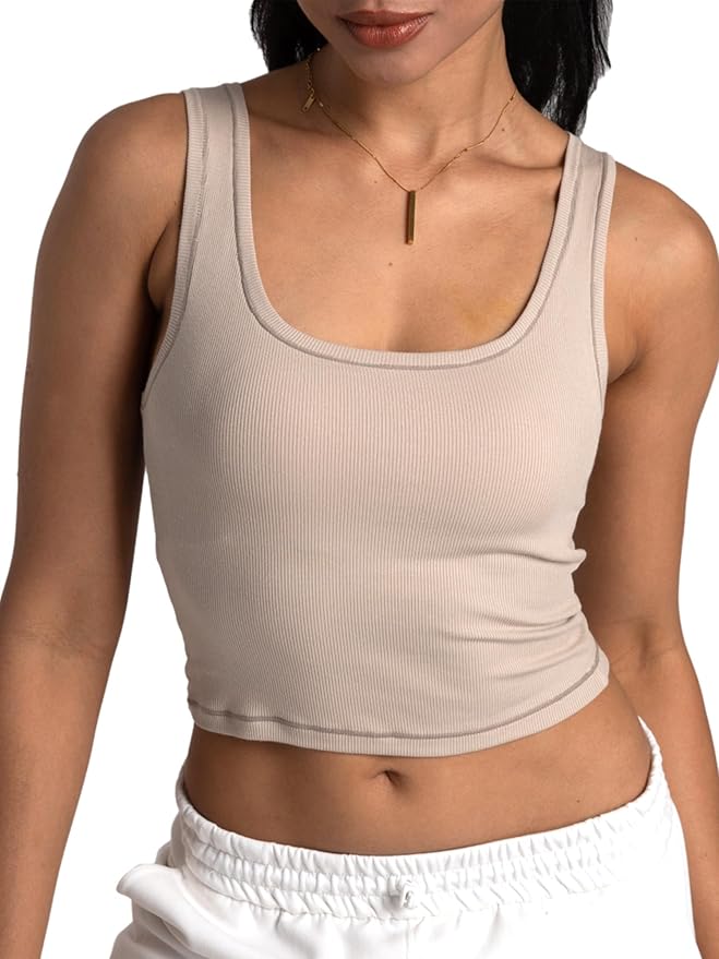 Danysu Women Rib Tank Top Padded Workout Top Square Neck Crop Tank Fitted Basic Cami Tops