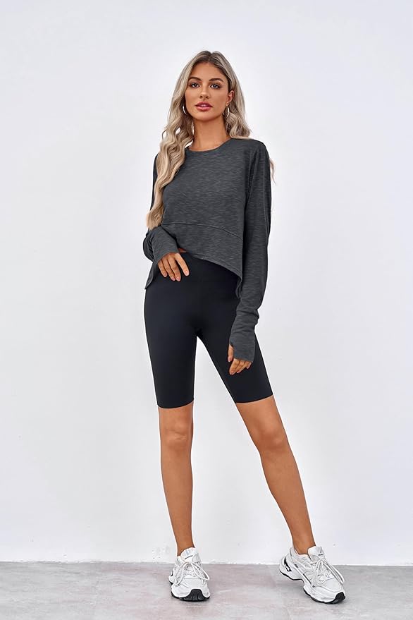 Aurgelmir Womens Long Sleeve Cropped Tops Loose Workout Athletic T-Shirts Flowy Sweatshirt for Yoga Tiered Hem Gym Tees