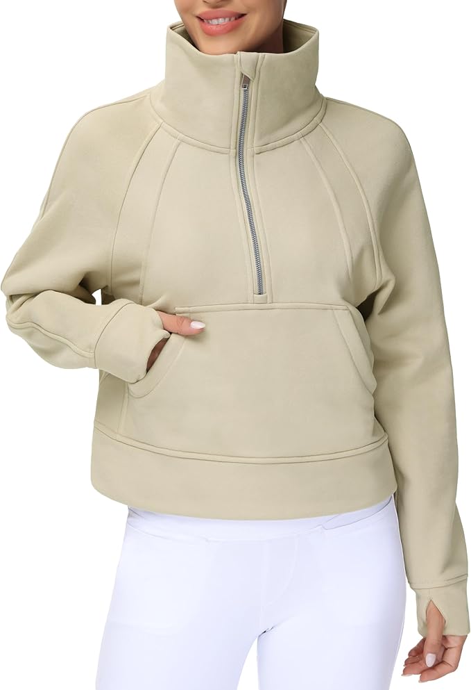 THE GYM PEOPLE Womens' Half Zip Pullover Fleece Stand Collar Crop Sweatshirt with Pockets Thumb Hole