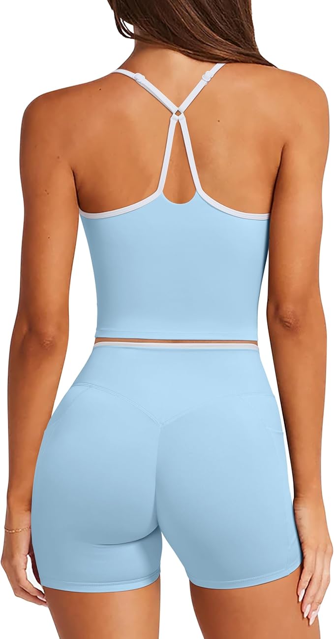RXRXCOCO Color Block Workout Sets for Women 2 Piece Padded Strappy Tank Tops Hidden Scrunch Booty Shorts with Pockets