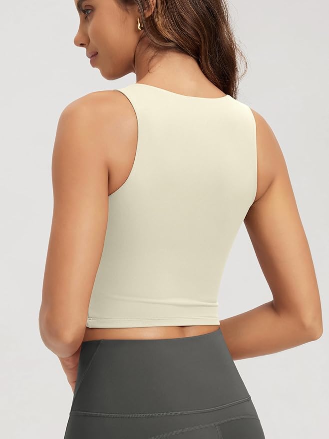 ODODOS Double Layer High Neck Crop Tank for Women Cloud Feeling Sleeveless Casual Yoga Cropped Tops