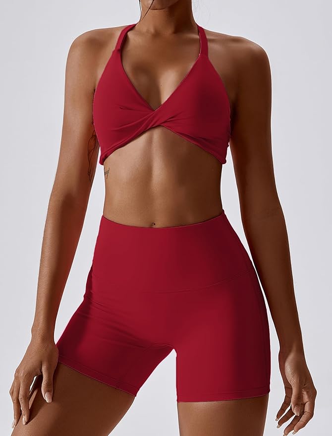 ABOCIW Workout Sets for Women 2 Piece Twist Front Halter Sports Bras High Waist Biker Shorts Exercise Gym Yoga Outfit